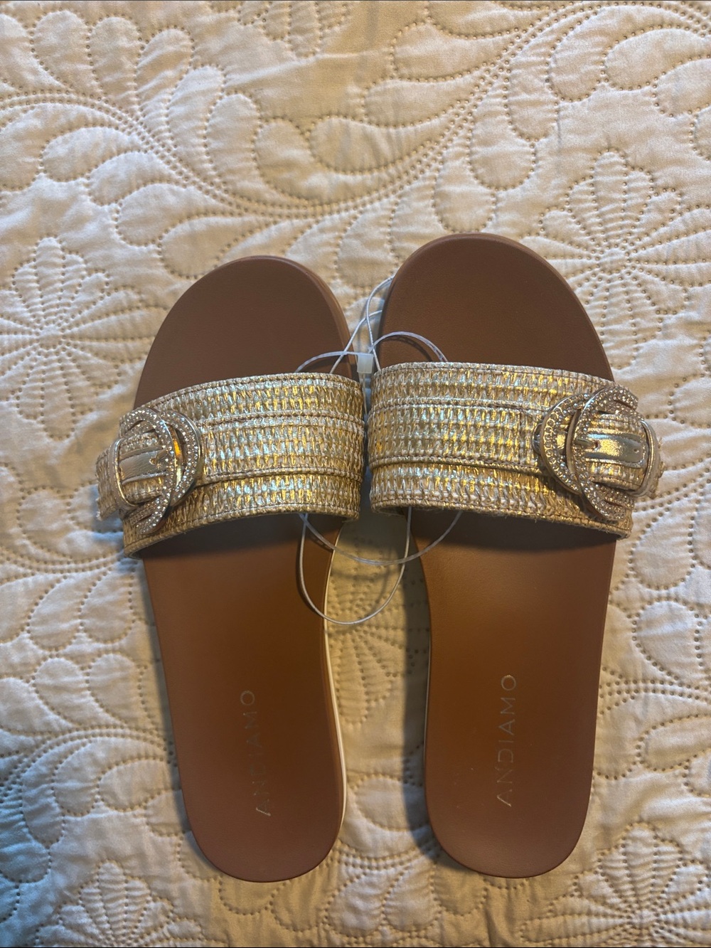 Sandals - Gold Slide Sandals with Buckle Accent